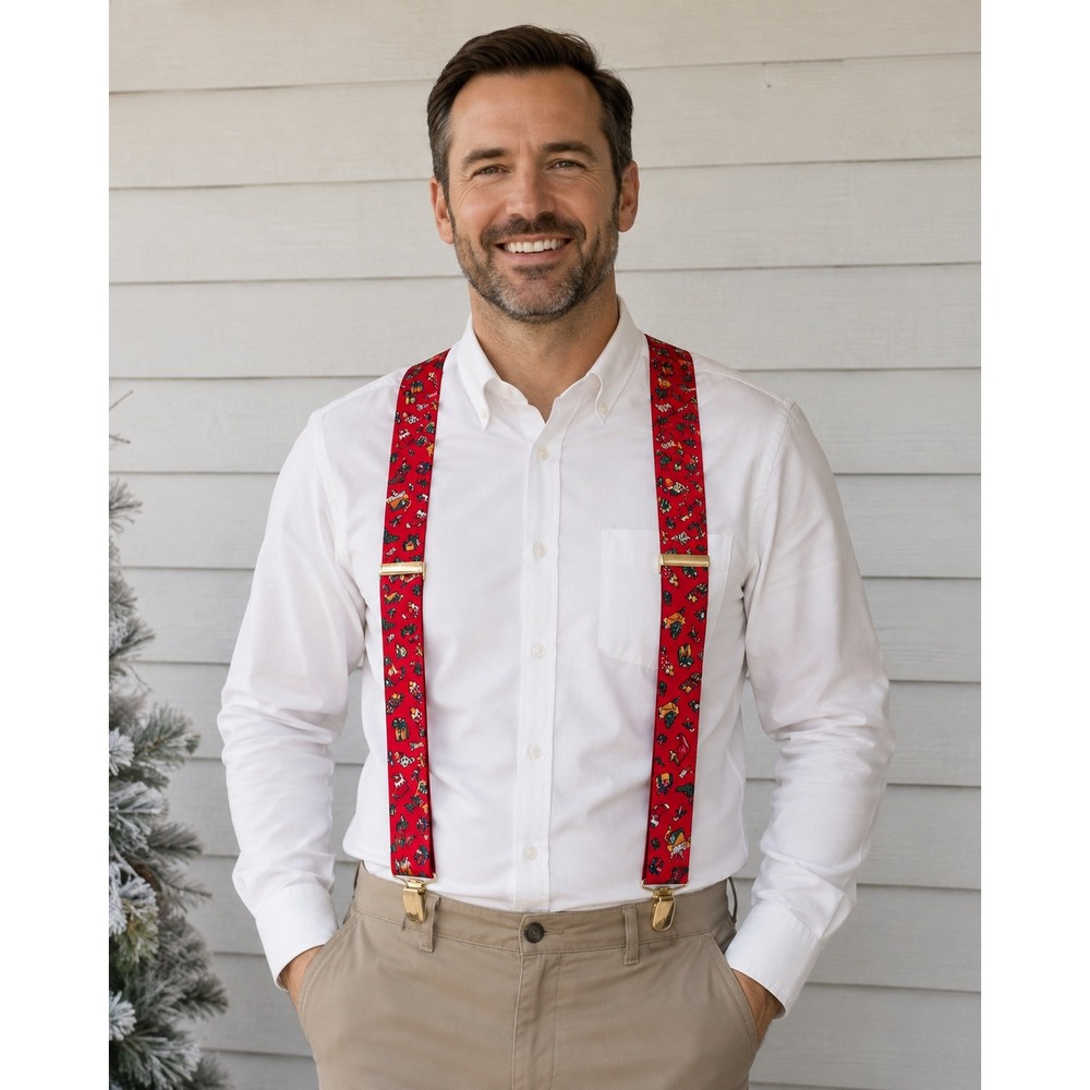 intage Christmas Suspenders Mens Red Holiday Novelty Print Gold Tone Clips 1.5"